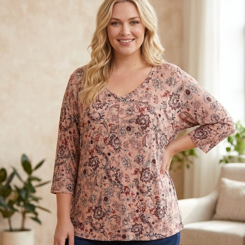 Tabitha Webb Knit Top Womens Size 2X Pink Paisley Floral V-Neck 3/4 Sleeve ee - Picture 1 of 8